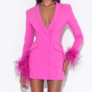 Elegant Pink Feather-Trimmed Blazer Dress